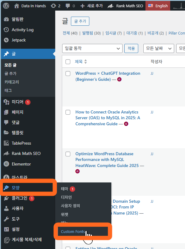 Custom Fonts 등록 화면