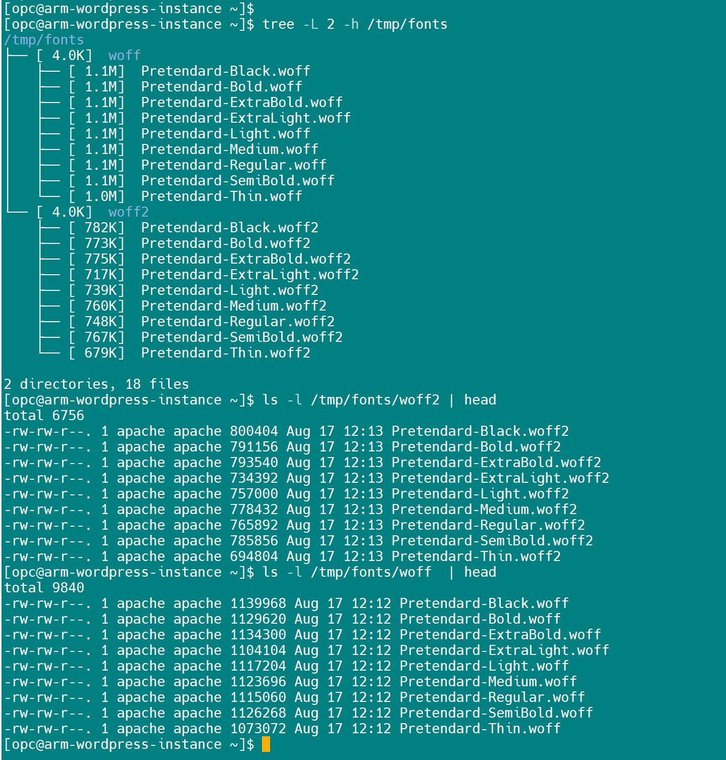 /tmp/fonts 폴더 구조: woff2/woff 및 Pretendard-*.woff2/woff 파일과 권한