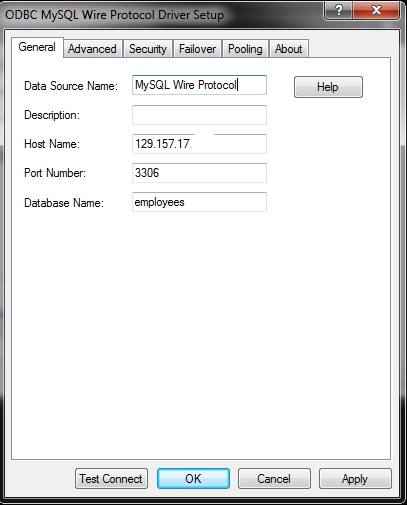 ODBC Data Source Administrator - MySQL Driver Setup