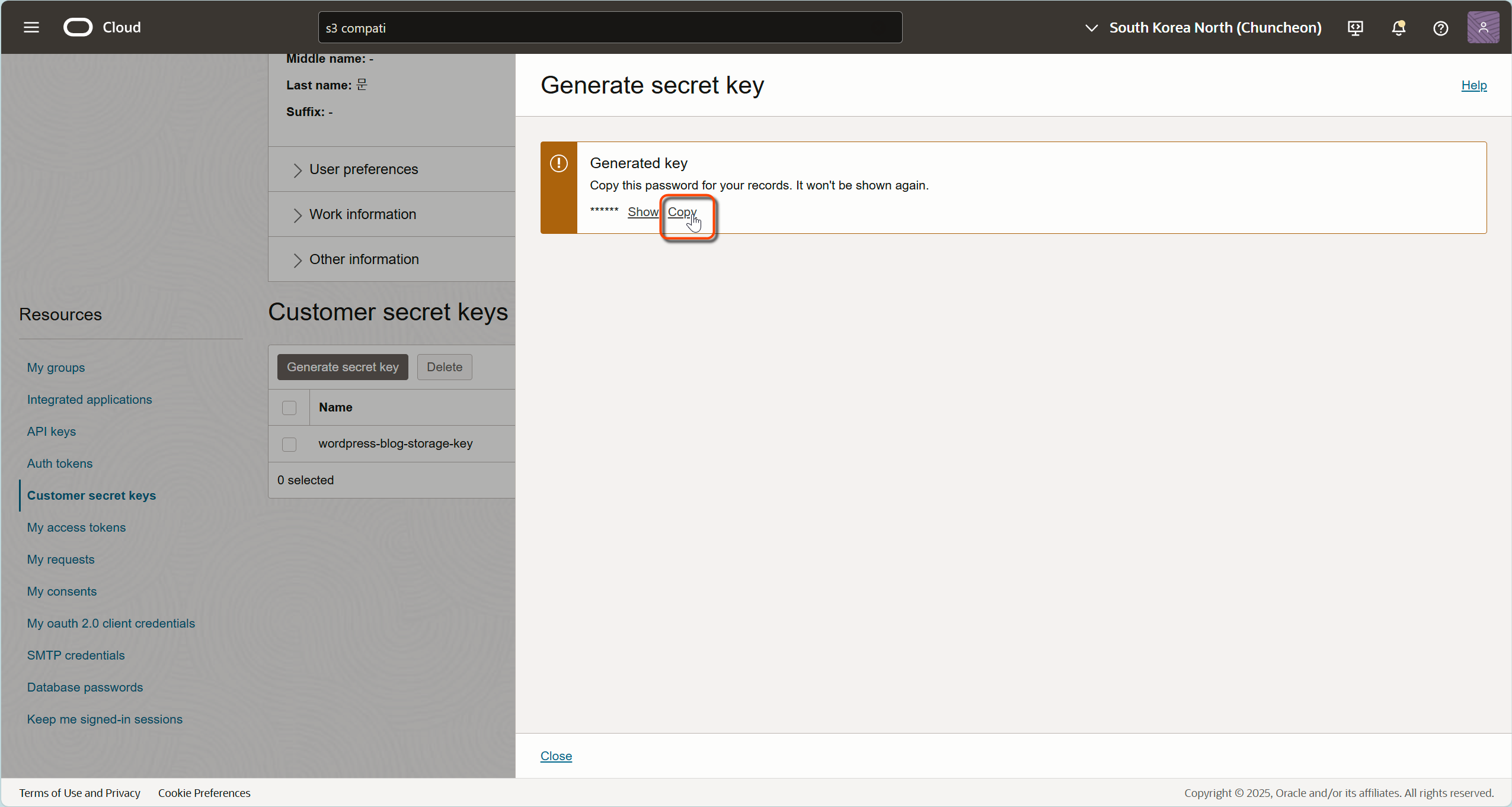 OCI Copy Secret Key