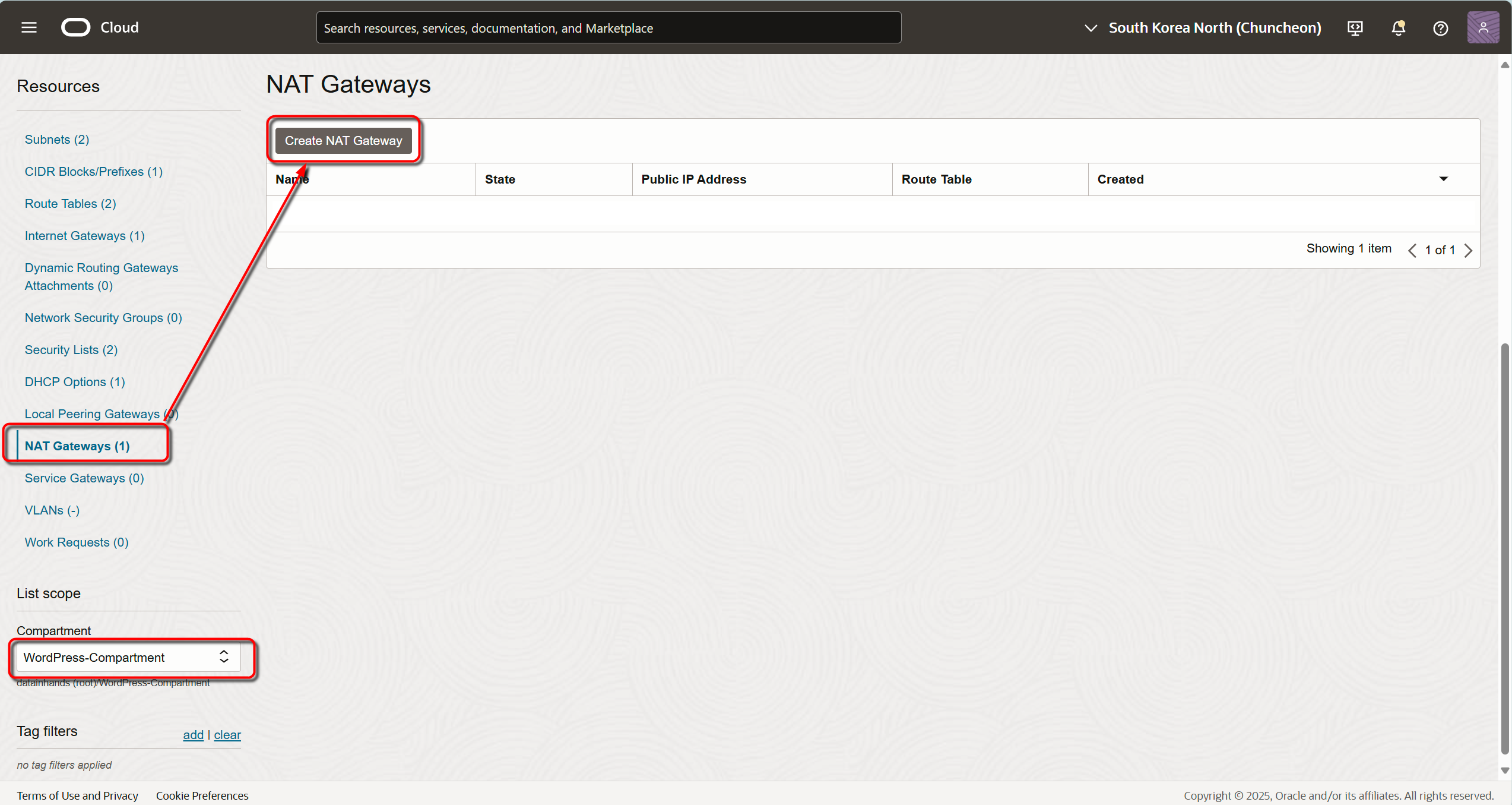 oci free tier wordpress blog 1%2FNAT Gateway Creation