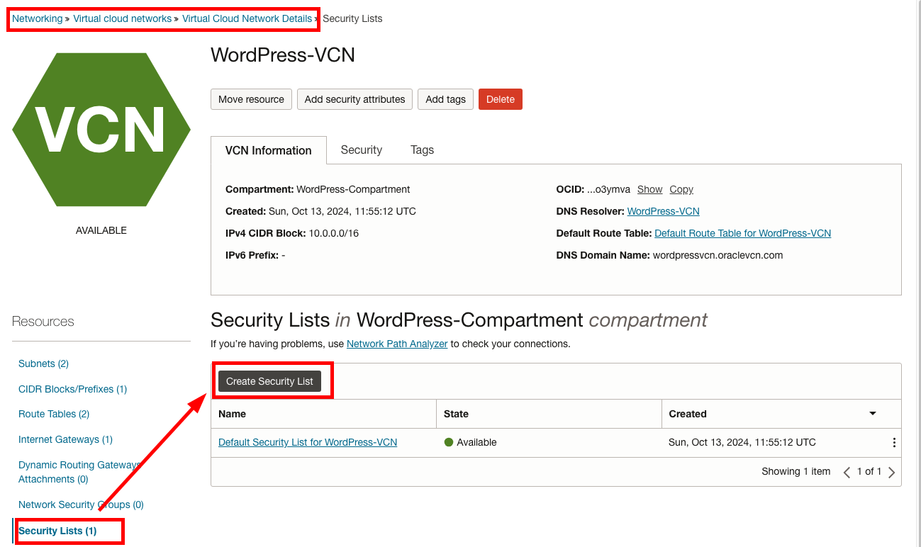 보안 목록 생성을 위해 VCN - 보안 목록으로 이동