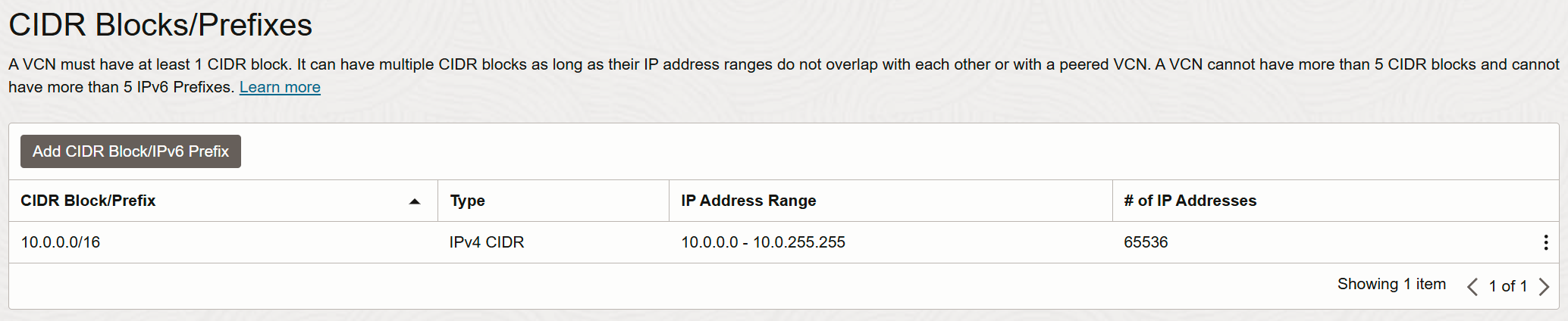 VCN CIDR Blocks