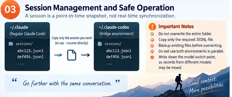 Safe session management diagram showing selective JSONL migration from regular Claude Code to the bridge environment with backup before overwrite