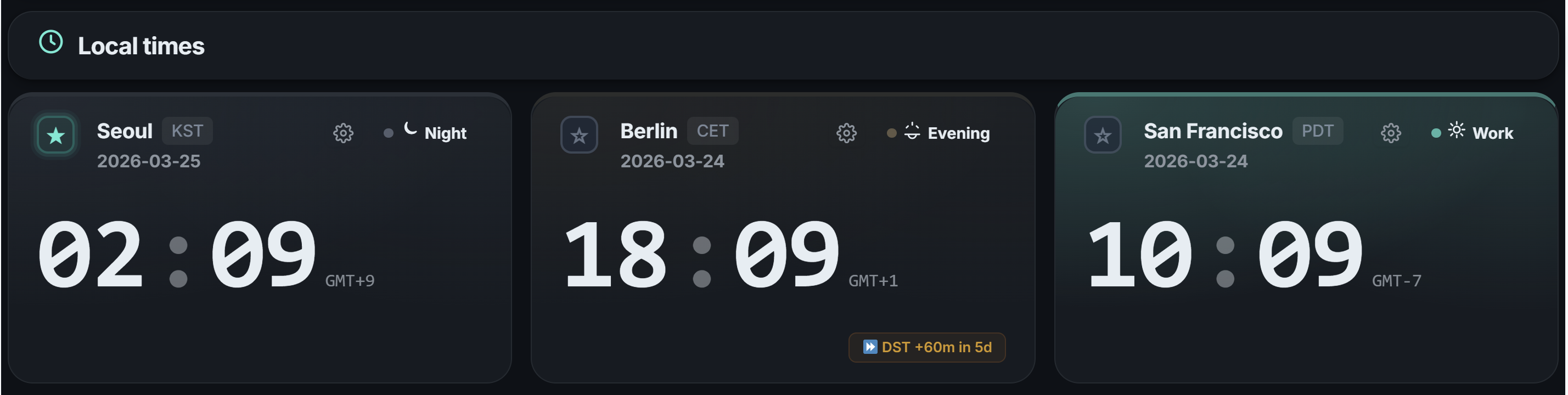 Seoul + Berlin + San Francisco — 3 timezone clock cards and heatmap