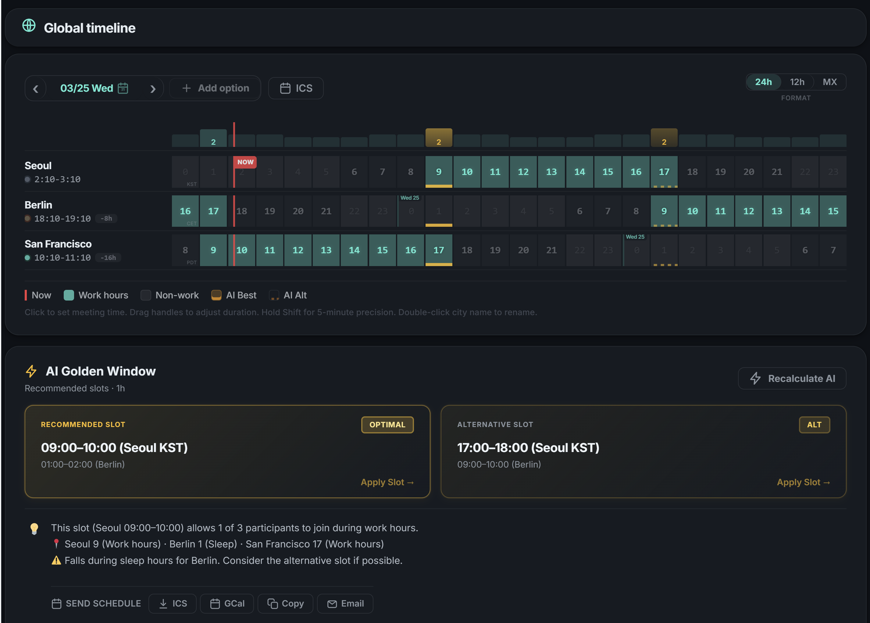 AI Golden Window — optimal meeting time recommendation across 3 timezones