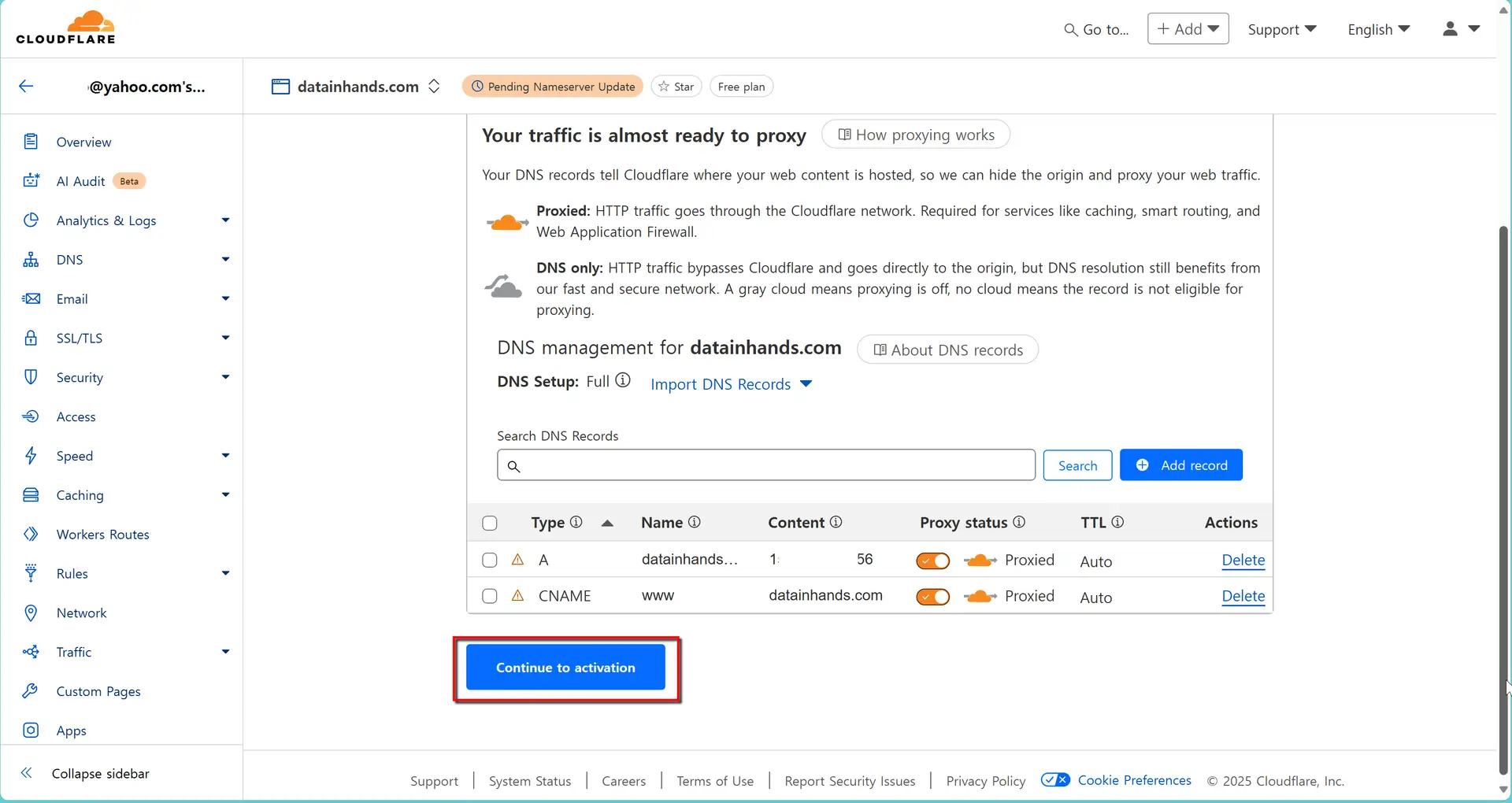 Cloudfalre - domain regisgtratrion - continue to activation