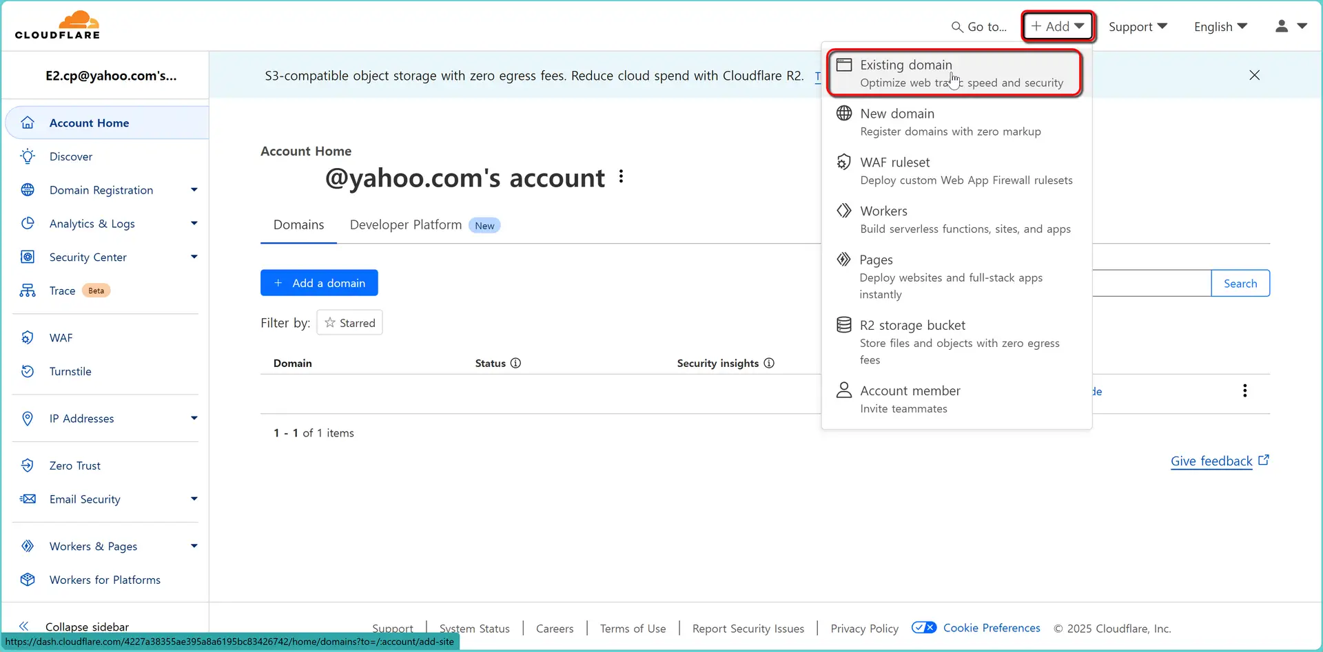 Cloudflare add existing domain
